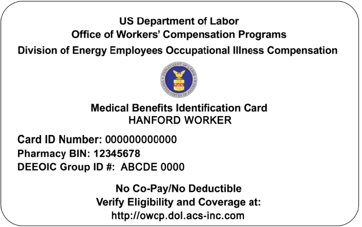 Sample U.S. Department of Labor medical benefits identification card (White Card)