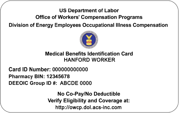 Sample U.S. Department of Labor medical benefits identification card (White Card)